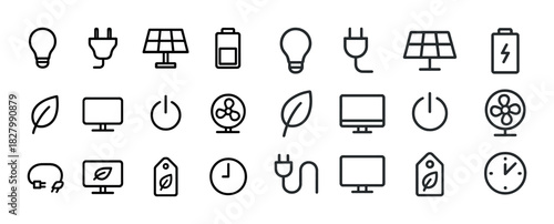 Energy and technology icons: light bulb, plug, solar panel, battery, leaf, screen, fan