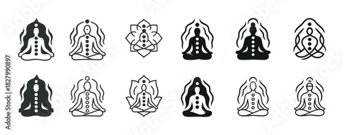 Meditation icons: abstract chakra figures in various styles