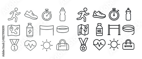 Running and fitness icon set with stopwatch, hydration bottle, and medal symbols