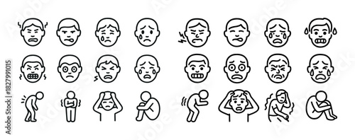 Set of facial expressions and body postures illustrating various emotions and reactions