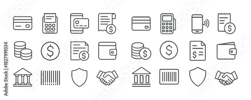 Financial and banking icons: payments, transactions, security, wallets, currency