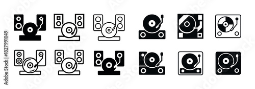 Collection of turntable icons in various styles for music themes
