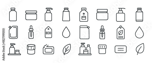 Minimalist icon set of eco-friendly personal care products