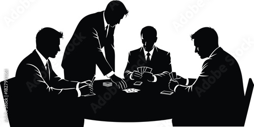 Four men in suits playing cards at a table silhouette, men, suits, playing cards, table, gambling, game, poker, strategy, concentration, decision, business, meeting, competition, silhouette, black and
