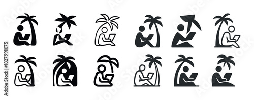 Digital nomad icons: relaxation and work under palm trees
