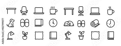 Minimalist line icons of office and home objects in black and white