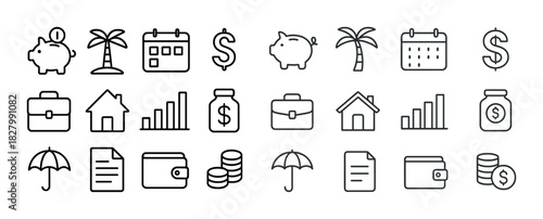 Finance and travel icons: piggy banks, palm trees, calendars, coins, briefcases, and charts