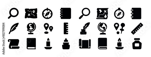 Collection of navigation and writing black icons featuring maps, compasses, and notebooks
