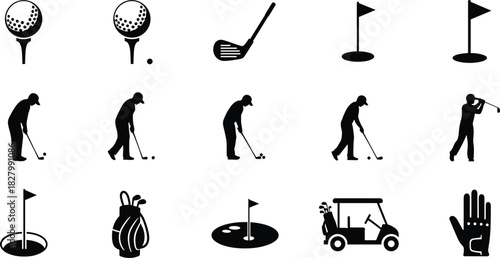 Golf icons showing balls tees clubs golfers flags cart and glove, golf, golf ball, golf tee, golf club, golf flag, golf hole, golfer, golf swing, golf cart, golf bag, golf glove, sport, recreation, ga