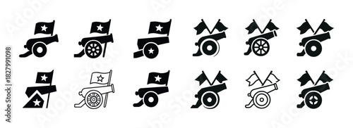 Set of 12 military cannon icons with stars and flags