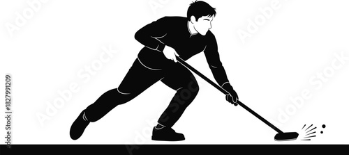 Man sweeping ice during curling match sport athlete, curling, sport, ice, athlete, sweeping, broom, motion, action, winter, game, competition, player, male, person, activity, recreation, winter sport,