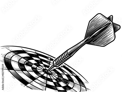 black and white illustration dart hitting dartboard for tournament poster layout and business target design