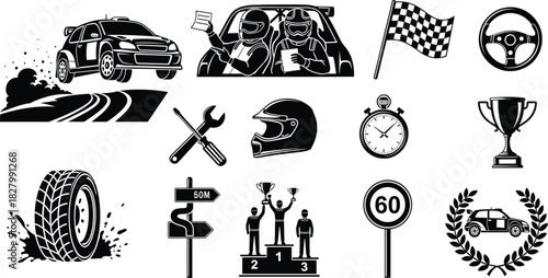 Rally car racing icons and elements collection motorsport, rally car, racing, motorsport, competition, victory, trophy, checkered flag, stopwatch, steering wheel, helmet, driver, navigator, wrench, sc