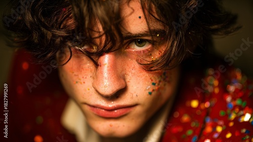 Mysterious Gaze: A captivating close-up portrait of a person with intriguing eyes, illuminated in soft lighting and enhanced by delicate freckles, offering a glimpse into a world of complex emotion.