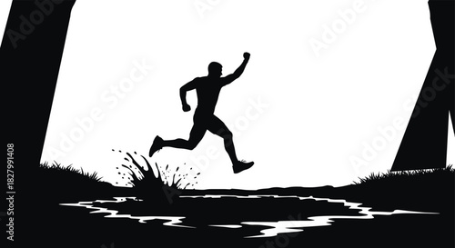 Silhouette man running through water splash jumping, silhouette, man, running, jumping, splashing, water, puddle, mud, grass, nature, outdoors, action, movement, sport, fitness, healthy lifestyle, ene