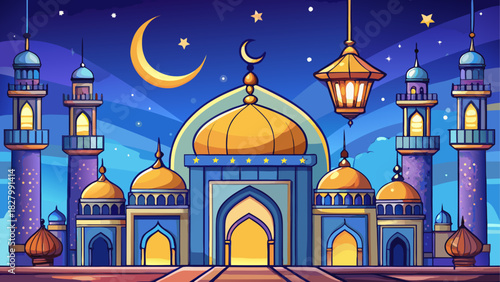 Illustration of a mosque at night with moon stars