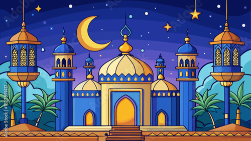 Cartoon mosque with crescent moon and star lights