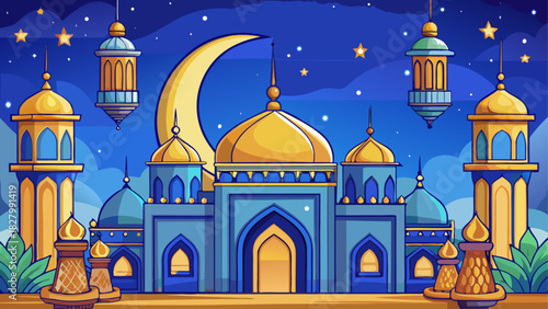 Illustration of a mosque with moon and lanterns