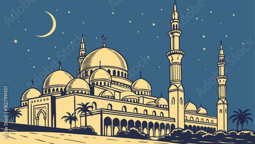 Illustration of a mosque at night with moon stars