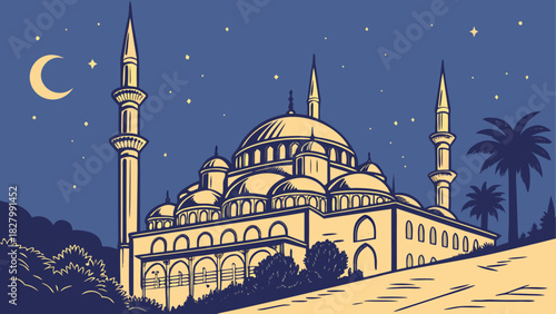 Illustration of a mosque at night with moon stars