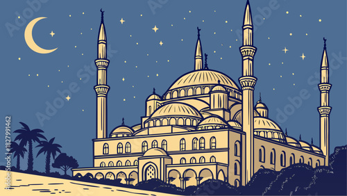 Illustration of a mosque at night with moon stars