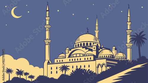 Illustration of a mosque at night with palm trees