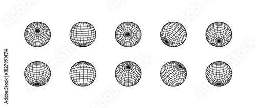 Globe grid spheres. Striped 3D wireframe spheres, geometry globe grid, earth latitude and longitude line grid vector symbols set,  Vector illustration.