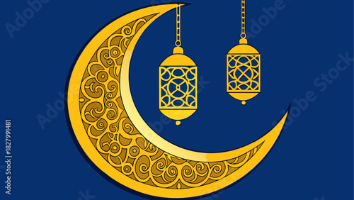 Golden moon and lanterns on a blue background art