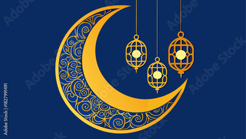Golden crescent moon with hanging lanterns design