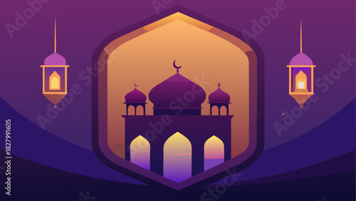Illustration of a mosque with lanterns at night