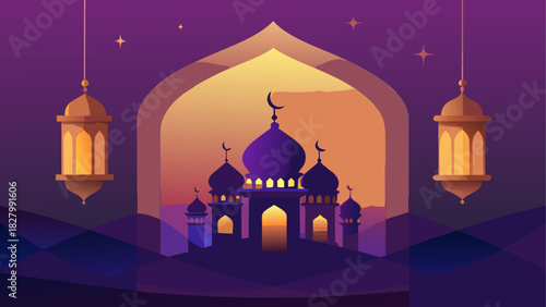 Illustration of a mosque with hanging lanterns