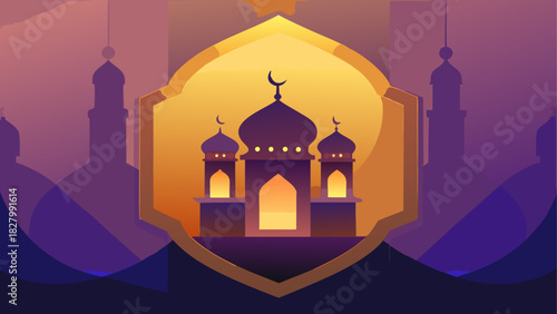 Illustration of a mosque with crescent moon icon