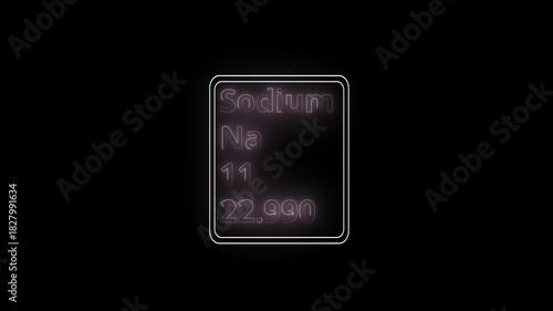 Glowing neon Sodium element animation. Neon Sodium element animated on black background. 4k