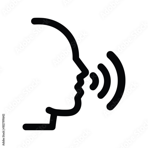 Icon of a human head profile with sound waves emanating from the mouth, isolated on