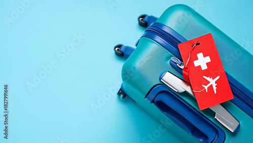 A travel concept for Switzerland, featuring a blue suitcase with a Swiss flag luggage tag.