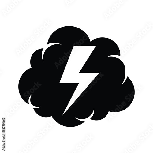 Black cloud with white lightning bolt symbol isolated on