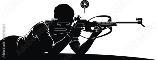 Silhouette of biathlete aiming rifle at target biathlon, biathlon, silhouette, rifle, shooting, target, athlete, sport, winter sport, competition, aiming, lying down, prone position, precision, focus,
