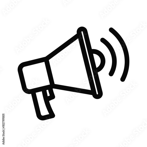 Black line icon of a megaphone broadcasting sound waves, symbolizing announcement and communication