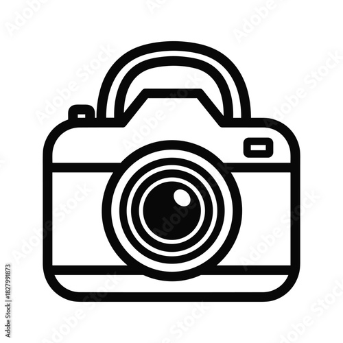 Black and white line art icon of a camera, isolated on