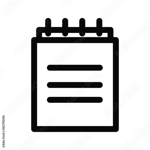 Simple black line icon of a spiral notebook with text lines isolated on