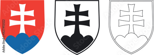 slovakia, coat of arms, national Slovak republic national coat of arms symbol in color, solid black, and outline versions, isolated on white background, representing national identity and sovereignty.