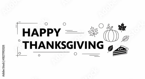 Modern minimalist Happy Thanksgiving banner with outline illustrations of pumpkin, maple leaf, and pie, perfect for autumn celebrations