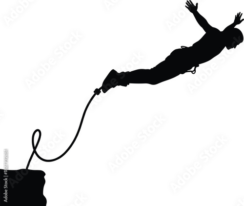 Silhouette of person bungee jumping from cliff edge, bungee jumping, silhouette, person, man, jumping, extreme sport, adventure, thrill, freedom, action, dynamic, motion, jump, cliff, edge, rock, cord