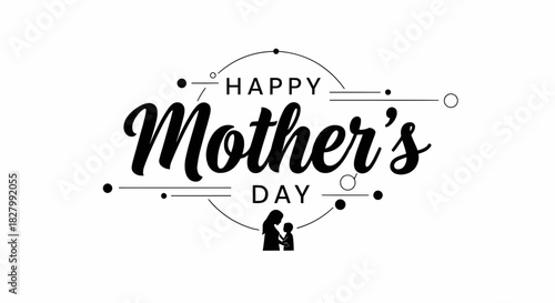 Elegant Happy Mother's Day calligraphic lettering with a touching silhouette of a mother and child, perfect for greeting cards