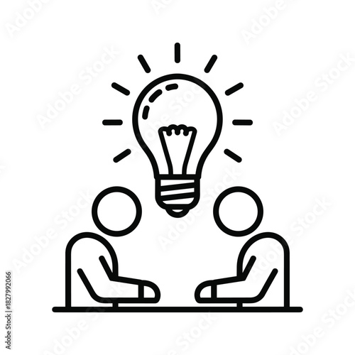 Line art icon of two people brainstorming a new business idea represented by a glowing light bulb
