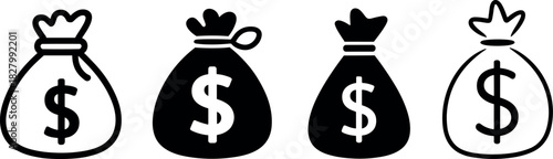 Four different styles of money bags with dollar signs, representing wealth, savings, investment, and financial concepts, isolated on white