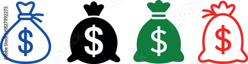 Four colorful money bag icons with dollar signs representing finance, wealth money bag, dollar, finance, icon, currency