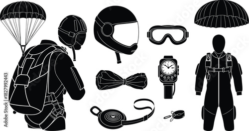 Skydiving equipment silhouette collection parachute, skydiving, parachute, jumpsuit, helmet, goggles, watch, backpack, harness, straps, safety, adventure, extreme sport, equipment, gear, black and whi