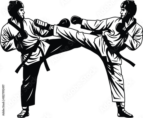 Two martial artists in black and white performing kicks, martial arts, karate, taekwondo, kickboxing, fighting, combat, sport, athlete, warrior, training, exercise, action, dynamic, movement, silhouet