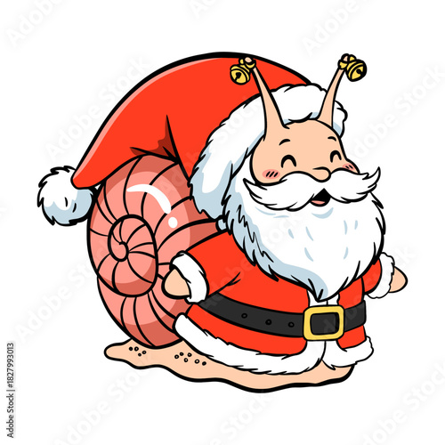 Cartoon Santa Claus snail character in a festive Christmas costume illustration